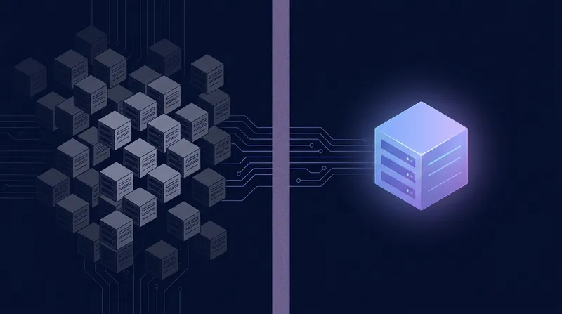 Split illustration comparing crowded shared hosting servers on the left with a single glowing managed server on the right