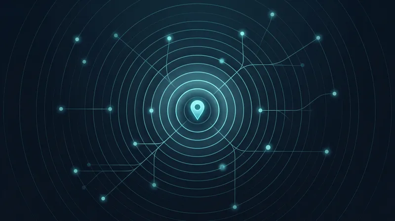 Glowing map pin with concentric radar circles and connected nodes representing local business directory citations