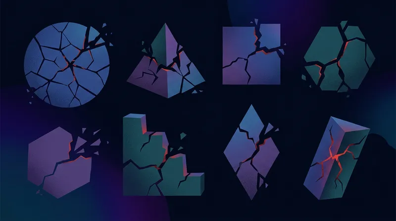 Seven cracked and fractured geometric shapes symbolising common website mistakes businesses make