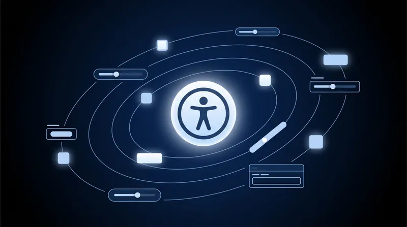 Universal accessibility symbol surrounded by orbiting UI elements like buttons and sliders