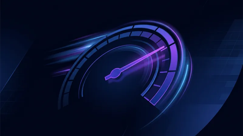 Speedometer gauge at maximum with motion blur light trails representing fast website performance