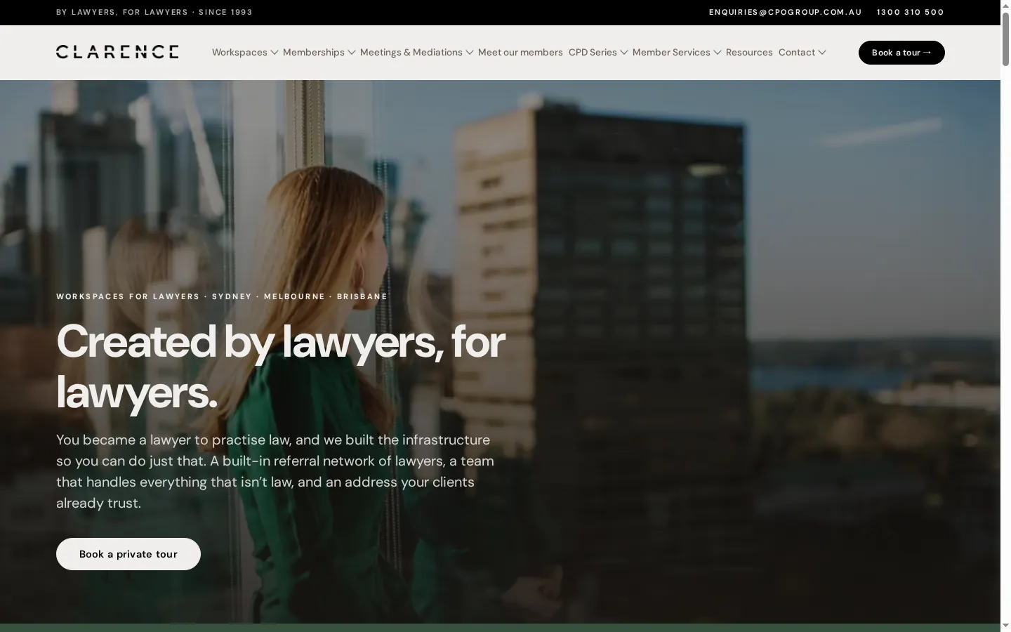 Clarence Workspaces homepage on desktop
