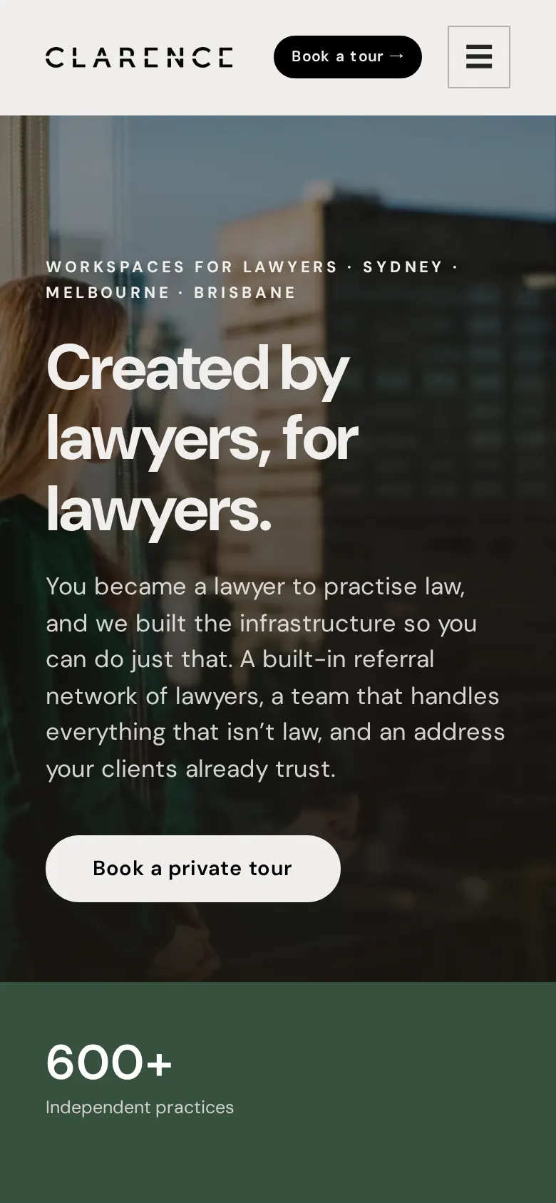 Clarence Workspaces homepage on a phone