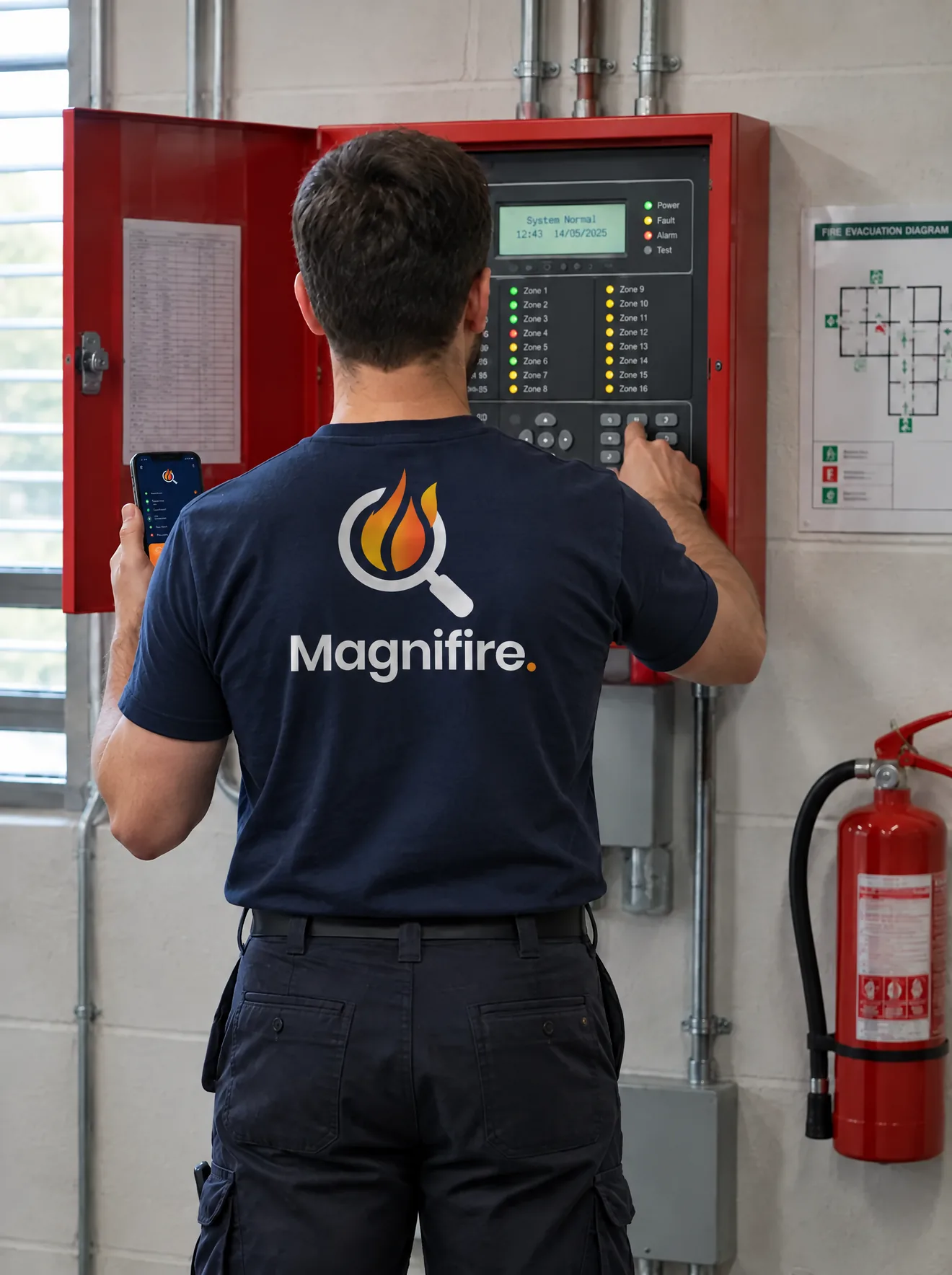 A technician at an open fire indicator panel, phone in hand, Magnifire mark on the back of a navy T-shirt
